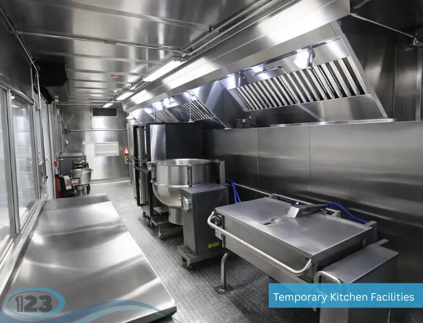 Commercial cooking equipment and preparation space inside a mobile kitchen trailer